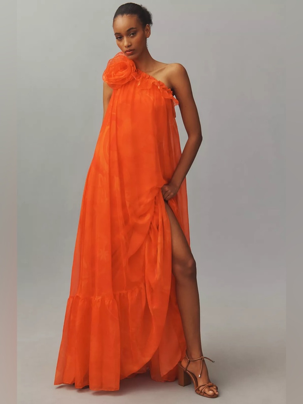 Mac Duggal One-Shoulder Rose Ruffle Maxi Dress